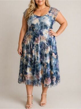 KOMAROV Cap Sleeve Watercolor Floral Crinkle Charmeuse Midi Dress